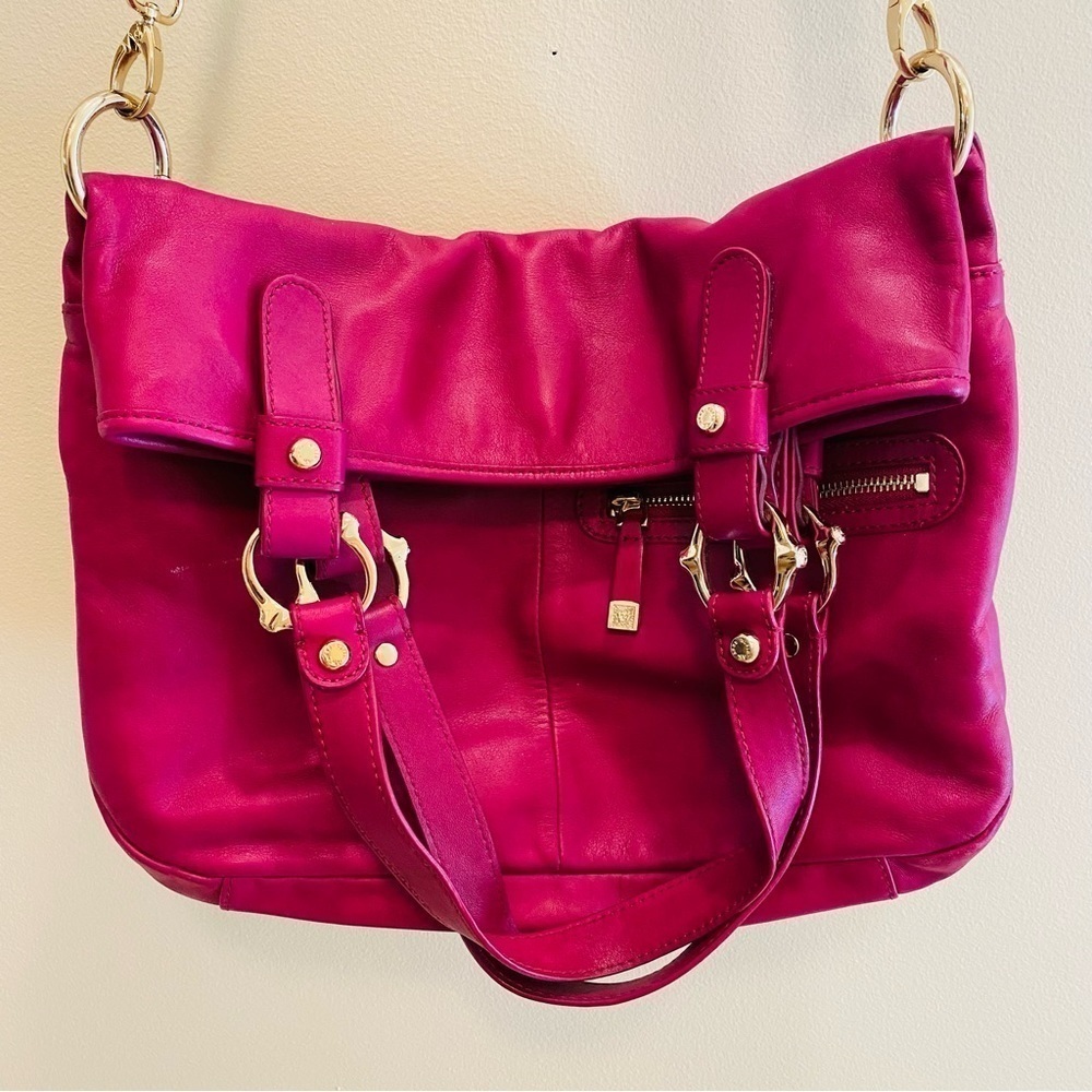 Anne Klein Leather Purse Bag w Gold Hardware Magenta Pink